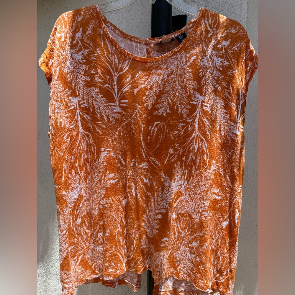 Tahari Orange Short Sleeve Botanical Print Linen Top
